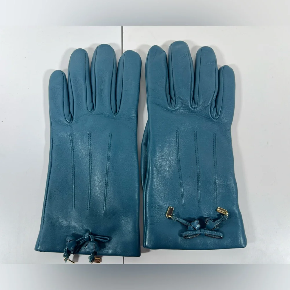 5030: Coach Teal Blue Leather Cashmere-Lined Gloves Size 7